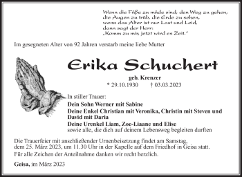 Traueranzeige von Erika Schuchert von Südthüringer Presse