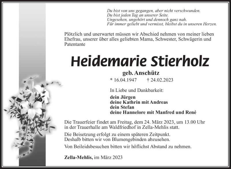 Traueranzeige für Heidemarie Stierholz vom 18.03.2023 aus Südthüringer Presse