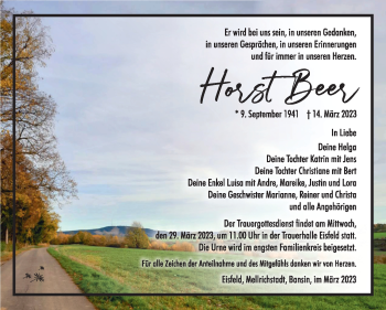 Traueranzeige von Horst Beer von Südthüringer Presse