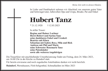 Traueranzeige von Hubert Tanz von Südthüringer Presse