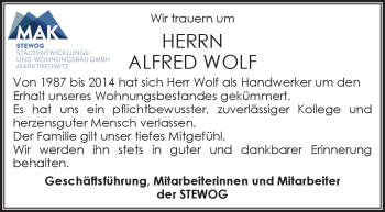 Traueranzeige von n.n. Wolf von Frankenpost