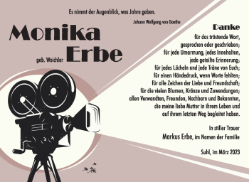 Traueranzeige von Monika Erbe von Südthüringer Presse