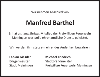 Traueranzeige von Manfred Barthel von Südthüringer Presse