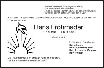 Traueranzeige von Hans Frohmader von Frankenpost