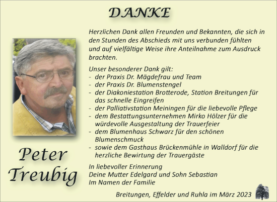 Traueranzeige von Peter Treubig von Südthüringer Presse
