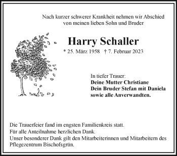 Traueranzeige von Harry Schaller von Frankenpost