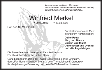 Traueranzeige von Winfried Merkel von Frankenpost