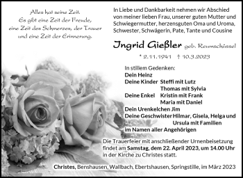 Traueranzeige von Ingrid Gießler von Südthüringer Presse