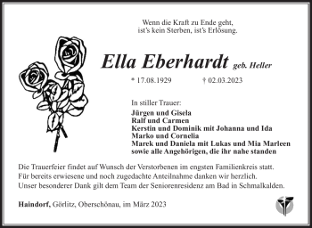 Traueranzeige von Ella Eberhardt von Südthüringer Presse
