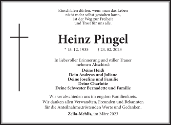 Traueranzeige von Heinz Pingel von Südthüringer Presse