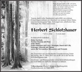 Traueranzeige von Herbert Schlotzhauer von Südthüringer Presse