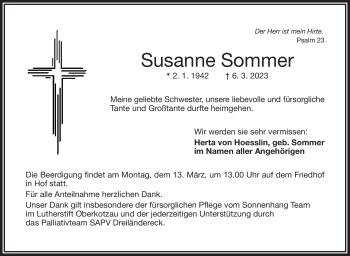 Traueranzeige von Susanne Sommer von Frankenpost