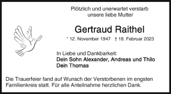 Traueranzeige von Gertraud Raithel von Frankenpost