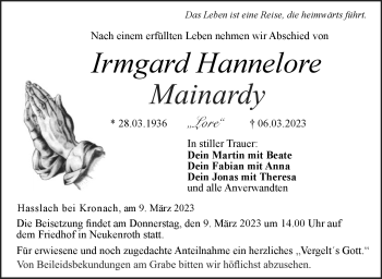 Traueranzeige von Irmgard Mainardy von Neue Presse Coburg