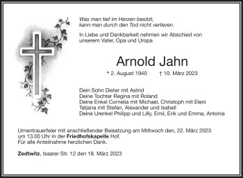 Traueranzeige von Arnold Jahn von Frankenpost