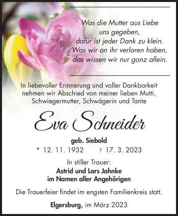 Traueranzeige von Eva Schneider von Südthüringer Presse