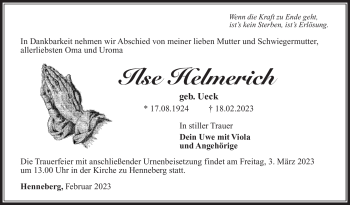 Traueranzeige von Ilse Helmerich von Südthüringer Presse