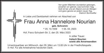 Traueranzeige von Anne Hannelore Nourian von Frankenpost