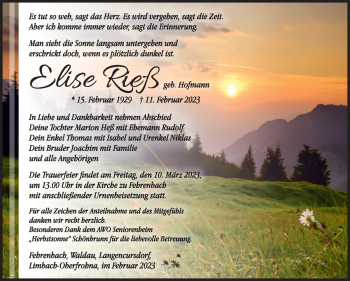Traueranzeige von Elise Rieß von Südthüringer Presse