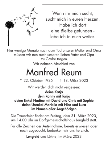 Traueranzeige von Manfred Reum von Südthüringer Presse