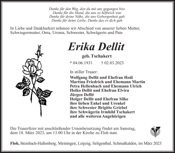 Traueranzeige von Erika Dellit von Südthüringer Presse