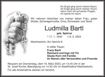 Traueranzeige von Ludmilla Bartl von Frankenpost