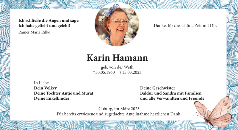  Traueranzeige für Karin Hamann vom 18.03.2023 aus Neue Presse Coburg