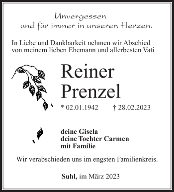 Traueranzeige von Reiner Prenzel von Südthüringer Presse