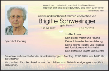 Traueranzeige von Brigitte Schwesinger von Neue Presse Coburg