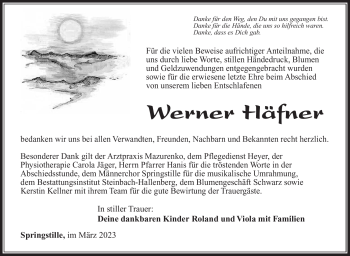 Traueranzeige von Werner Häfner von Südthüringer Presse