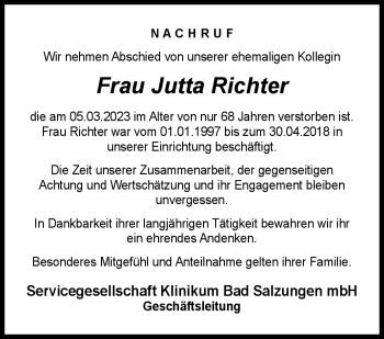 Traueranzeige von Jutta Richter von Südthüringer Presse
