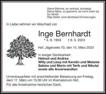 Traueranzeige von Inge Bernhardt von Frankenpost