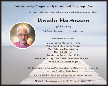 Traueranzeige von Ursula Hartmann von Südthüringer Presse