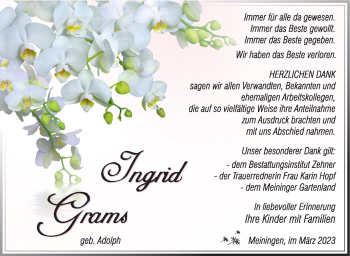 Traueranzeige von Ingrid Grams von Südthüringer Presse