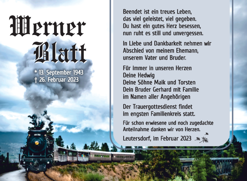  Traueranzeige für Werner Blatt vom 18.03.2023 aus Südthüringer Presse