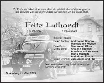 Traueranzeige von Fritz Luthardt von Südthüringer Presse