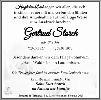 Traueranzeige von Gertrud Storch von Südthüringer Presse