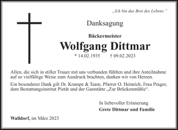 Traueranzeige von Wolfgang Dittmar von Südthüringer Presse