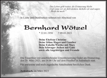 Traueranzeige von Bernhard Wötzel von Südthüringer Presse