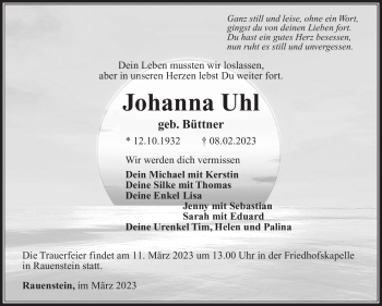 Traueranzeige von Johanna Uhl von Südthüringer Presse