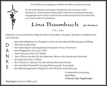 Traueranzeige von Lina Baumbach von Südthüringer Presse