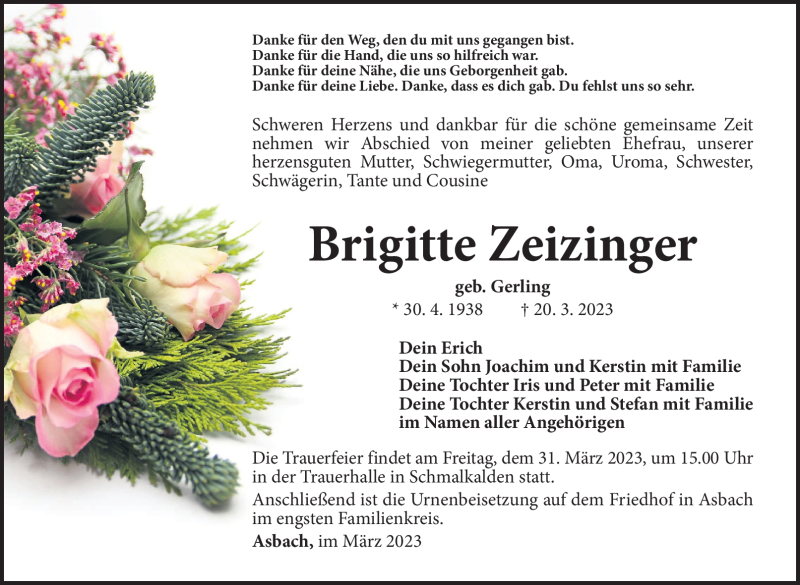 Traueranzeige für Brigitte Zeizinger vom 25.03.2023 aus Südthüringer Presse