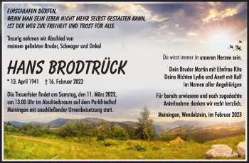 Traueranzeige von Hans-Henning Brodtrück von Südthüringer Presse