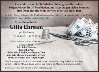 Traueranzeige von Gitta Ehrsam von Südthüringer Presse
