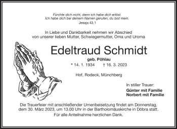 Traueranzeige von Edeltraud Schmidt von Frankenpost