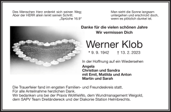 Traueranzeige von Werner Klob von Frankenpost
