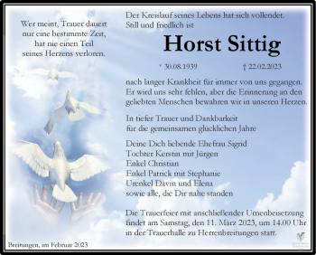 Traueranzeige von Horst Sittig von Südthüringer Presse