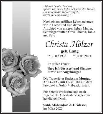 Traueranzeige von Christa Hölzer von Südthüringer Presse