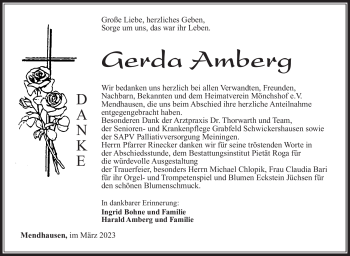 Traueranzeige von Gerda Amberg von Südthüringer Presse