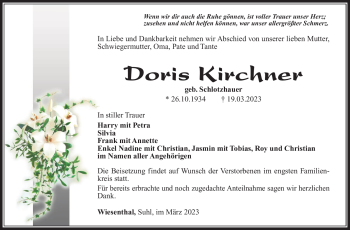 Traueranzeige von Doris Kirchner von Südthüringer Presse